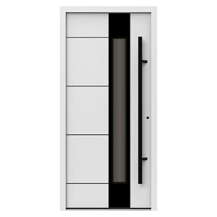 Gerda Haustür Thermo Prime 75 Linz - 100 x 210 cm, DIN Anschlag: Rechts, Weiß, Schwarze Details - Moderne weiße Eingangstür mit einem vertikalen schwarzen Paneel, einem dunklen Glaseinsatz und einem eleganten schwarzen Griff.