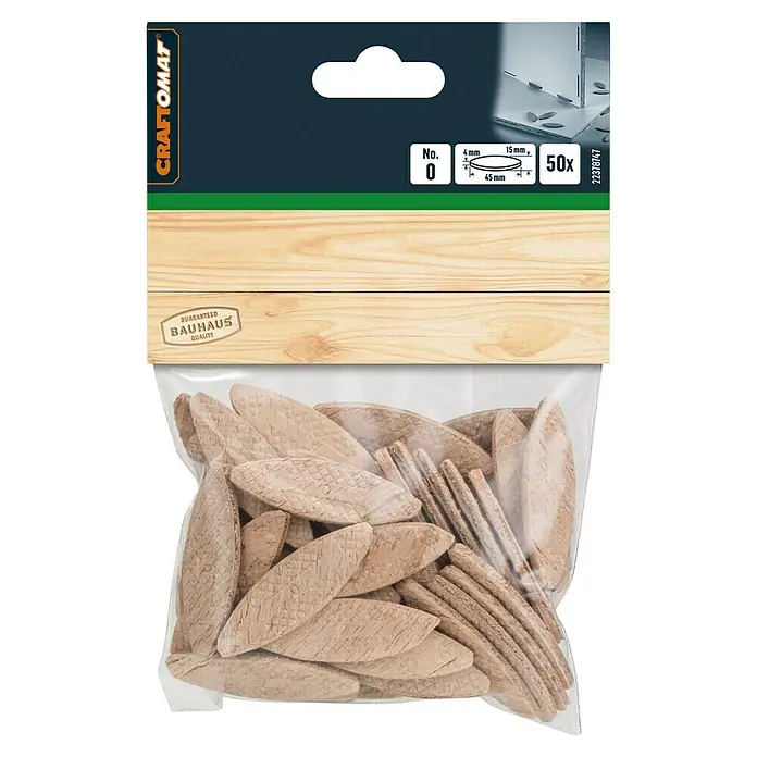 Craftomat Flachdübel - Länge: 45 mm, 50 Stk. - Bild einer Packung mit 50 Stück Nr. 0 Flachdübeln von Craftomat, ideal für Holzverbindungen, mit Bauhaus Qualitätsgarantie.
