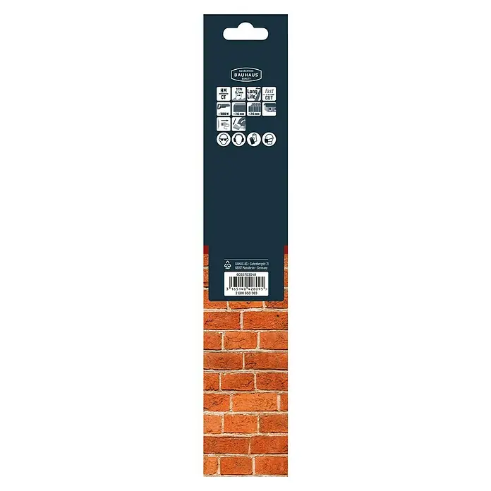 Craftomat Säbelsägeblatt S 1243 HM - Baustoffe, Zahnabstand: 12,7 mm - Bild einer BAHAG AG Produktverpackung mit Produkteigenschaften und Barcode auf Backsteinmauer Hintergrund.