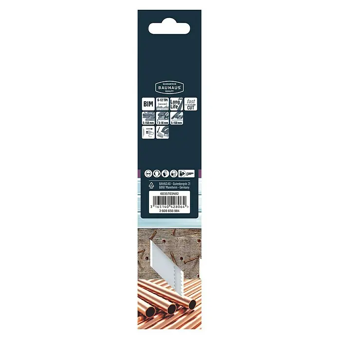 Craftomat Säbelsägeblatt S 3456 XF - Holz/Metall, 2 -tlg., Zahnabstand: 2,1 mm - 4,3 mm - Verpackungsrückseite eines BAUHAUS Säbelsägeblatts, das für schnelle und präzise Schnitte in verschiedenen Materialien ausgelegt ist.