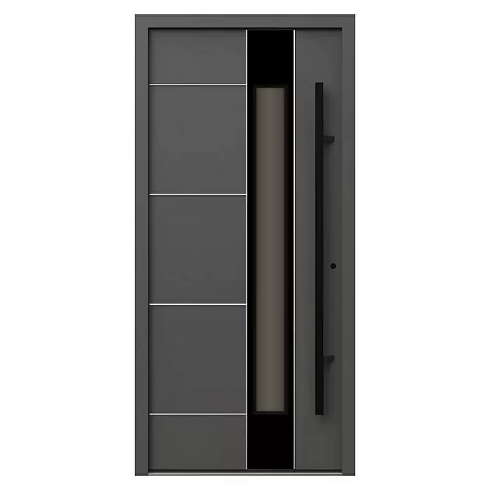 Gerda Haustür Thermo Prime 75 Linz - 100 x 210 cm, DIN Anschlag: Rechts, Anthrazitgrau, Schwarze Details - Moderne dunkelgraue Eingangstür mit horizontalen Linien, vertikaler Glasscheibe und langem schwarzem Griff.