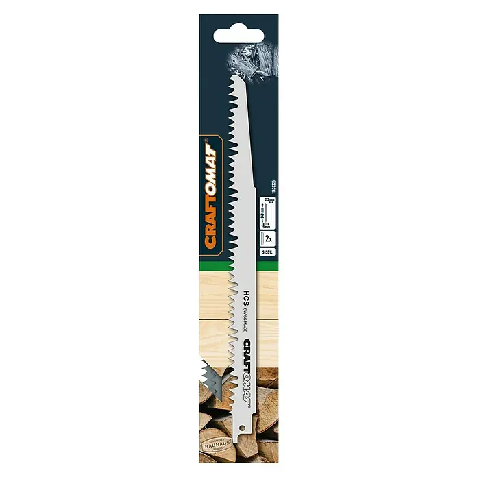 Craftomat Säbelsägeblatt S 1531 L - Baumschnitt, 2 -tlg., Zahnabstand: 5 mm - Abbildung einer Craftomat Säbelsäge mit HCS-Blatt, geeignet für Holzbearbeitung, auf einer Produktverpackung.
