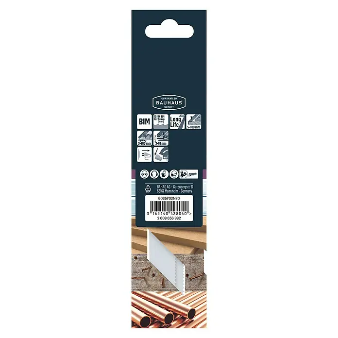 Craftomat Säbelsägeblatt S 922 VF - Holz/Metall, 2 -tlg., Zahnabstand: 1,8 mm - 2,6 mm - Verpackung einer BAUHAUS Säge mit Informationen zu Qualität, Anwendung und Barcode für den Einzelhandel.