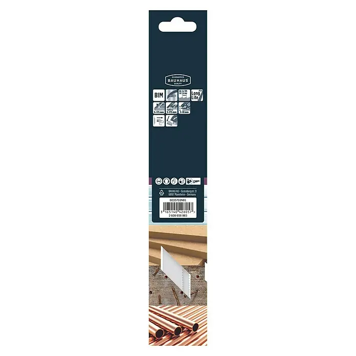 Craftomat Säbelsägeblatt S 1122 VF - Holz/Metall, 2 -tlg., Zahnabstand: 1,8 mm - 2,6 mm - Nahaufnahme einer Bauhaus-Säbelsägeblattverpackung mit Produkteigenschaften und Barcode.