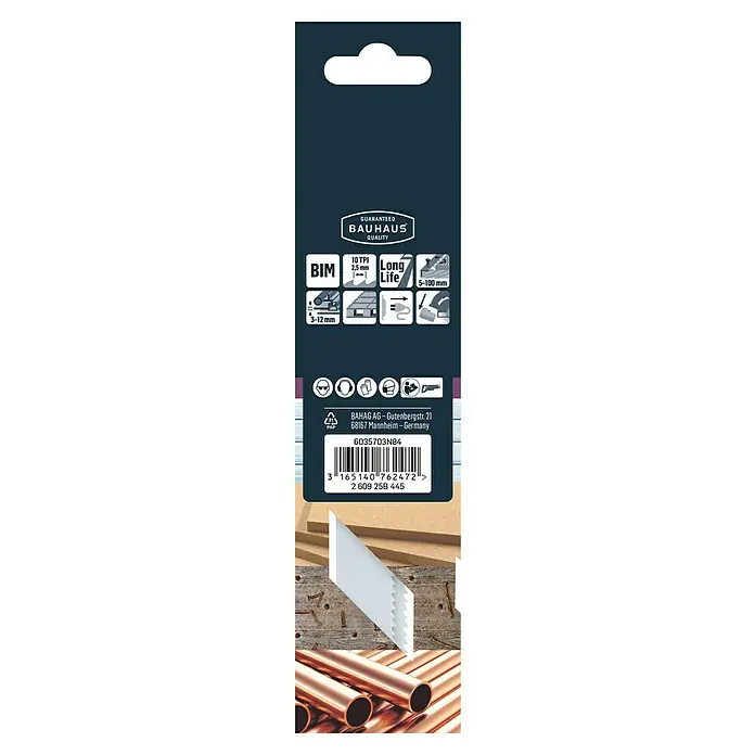 Craftomat Hoja de sierra de sable S 922 HF - Madera / metal / plástico, 2 pzs., Distancia entre dientes: 2,5 mm - Primer plano del embalaje de una hoja de sierra Bauhaus, apta para diversos materiales.