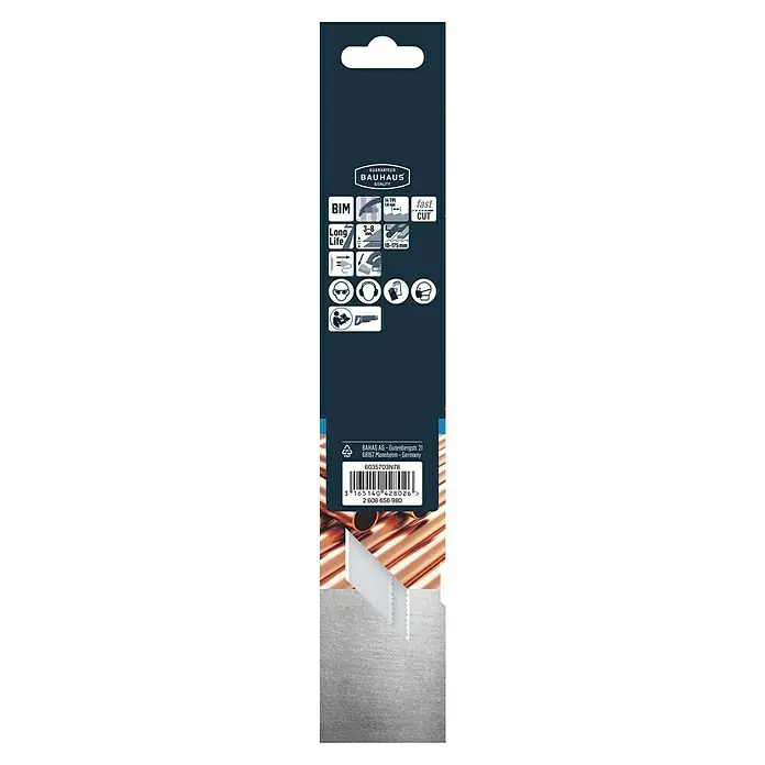 Craftomat Säbelsägeblatt S 1122 BF - Metall, 2 -tlg., Zahnabstand: 1,8 mm - Verpackung einer Bauhaus BIM Säbelsäge für schnelles Schneiden mit Informationen zu Schnitttiefe und Materialstärke.