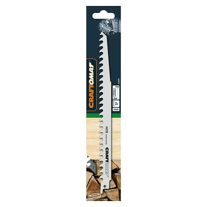 Craftomat Säbelsägeblatt S 1542 K - Brennholz, 2 -tlg., Zahnabstand: 8,5 mm - Eine Nahaufnahme einer Craftomat Säbelsägeblatt-Packung, ideal zum Schneiden von Holz und anderen Materialien. Das Sägeblatt ist scharf und langlebig.