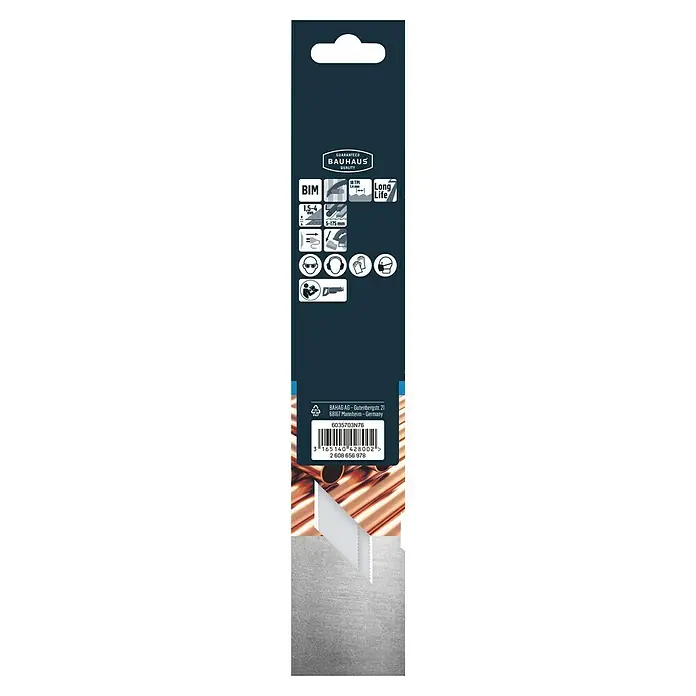Craftomat Säbelsägeblatt S 1122 EF - Blech, 2 -tlg., Zahnabstand: 1,4 mm - Nahaufnahme der Verpackung eines Bauhaus-Produkts mit Qualitätsgarantie, ideal für lange Lebensdauer und BIM-Anwendungen.