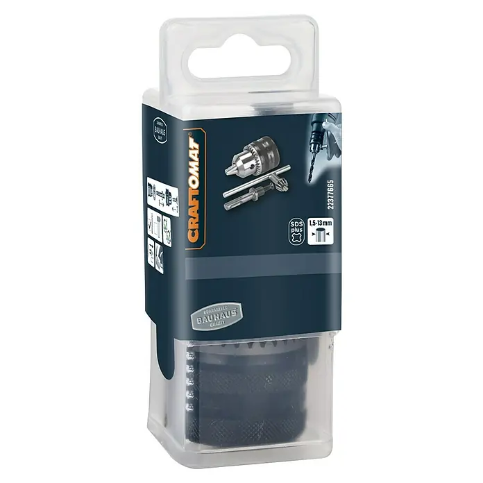 Craftomat SDS-Plus Adapter - Spannbereich: 1,5 mm - 13 mm - Hier ist eine Detailaufnahme einer Bohrfutter-Verpackung von Craftomat mit SDS-Plus-Adapter, die eine Spannweite von 1,5-13 mm hat.