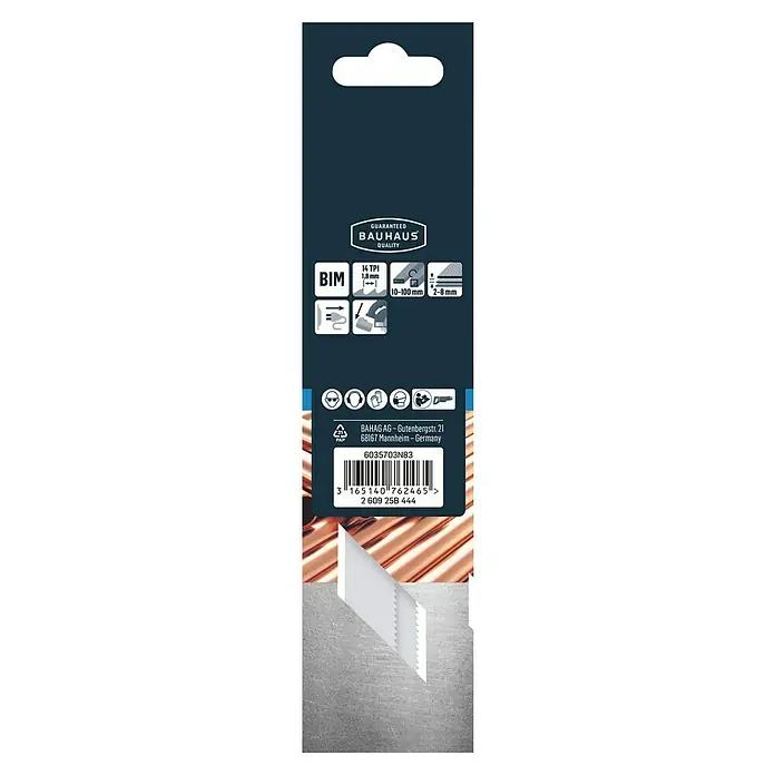 Craftomat Hoja de sierra de sable S 918 BF - Metal, 2 pzs., Distancia entre dientes: 1,8 mm - Primer plano del embalaje del producto con información del fabricante y código de barras de un producto Bauhaus.