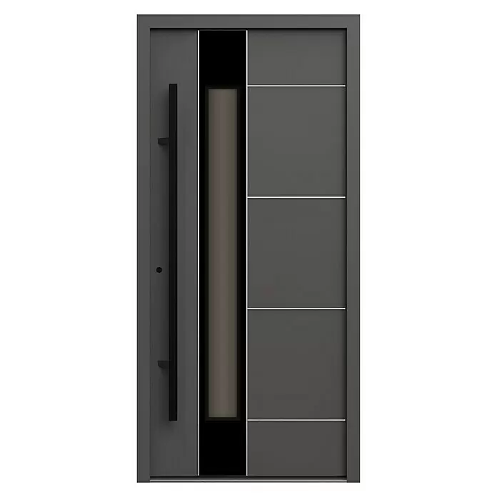 Gerda Haustür Thermo Prime 75 Linz - 100 x 210 cm, DIN Anschlag: Links, Anthrazitgrau, Schwarze Details - Moderne dunkelgraue Haustür mit schwarzem Stangengriff, schmalem vertikalem Glasfeld und horizontalen weißen Dekorlinien.