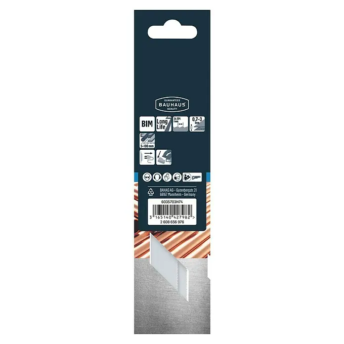 Craftomat Säbelsägeblatt S 922 AF - Blech, 2 -tlg., Zahnabstand: 1 mm - Nahaufnahme einer BAHAG AG Sägeblattverpackung mit den Aufschriften BIM, Long Life, 24 TPI und den Adressdetails.