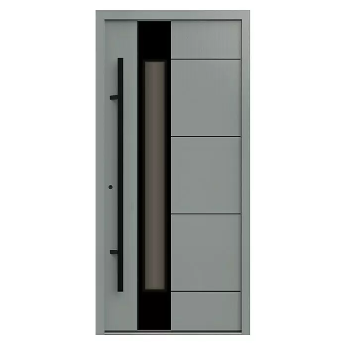 Gerda Haustür Thermo Prime 75 Linz - 100 x 210 cm, DIN Anschlag: Links, Grau, Schwarze Details - Moderne hellgraue Eingangstür mit langem schwarzem Griff, vertikalem Glasfeld und horizontaler Paneelierung.