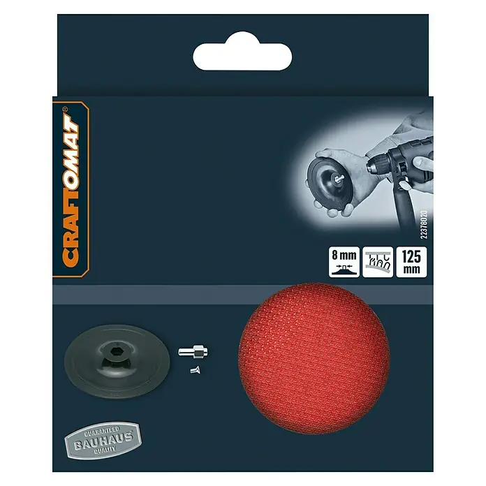 Craftomat Schleifteller - Durchmesser: 125 mm, Geeignet für: Haftschleifscheiben - Produktverpackung eines Craftomat Poliersets mit einem roten Polieraufsatz, einer Scheibe und einem Befestigungsstift für Bohrmaschinen.