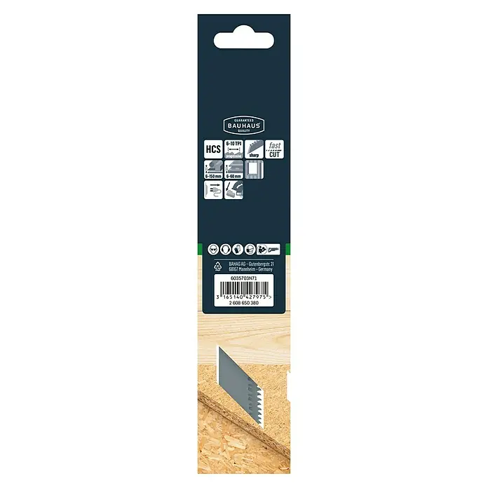 Craftomat Säbelsägeblatt S 2345 X - Holz/MDF, 2 -tlg., Zahnabstand: 5 mm - Verpackung eines Bauhaus HCS Sägeblatts mit den Spezifikationen 6-10 TPI, schneller Schnitt und einer Schnittlänge von 6-150mm.