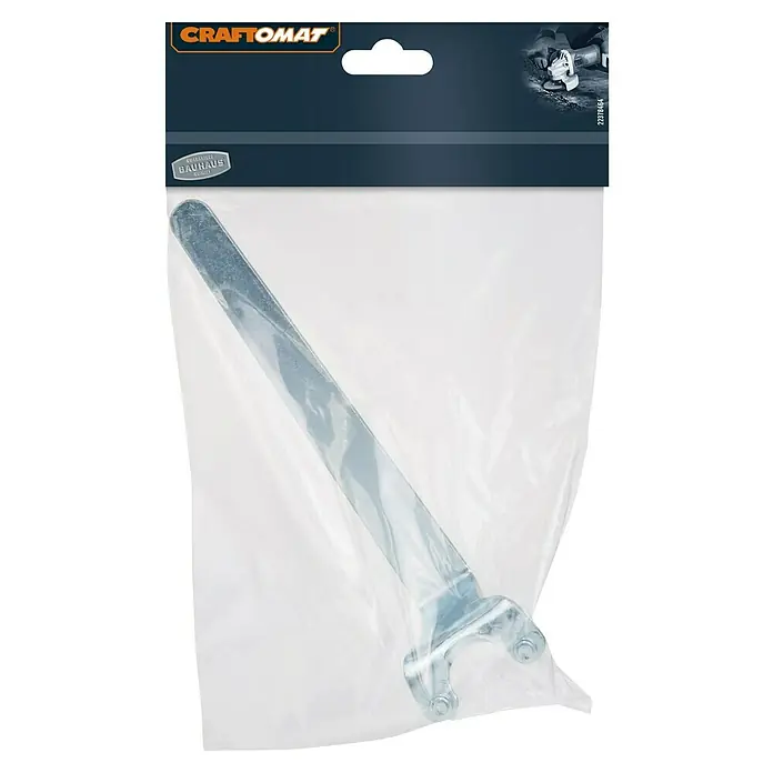 Craftomat Zweilochschlüssel Gekröpft - Geeignet für: Winkelschleifer - Ein verpackter Craftomat-Schlüssel, ein Werkzeug zur sicheren Handhabung von Geräten. Ideal für Heimwerker und Profis, die Wert auf Qualität legen.