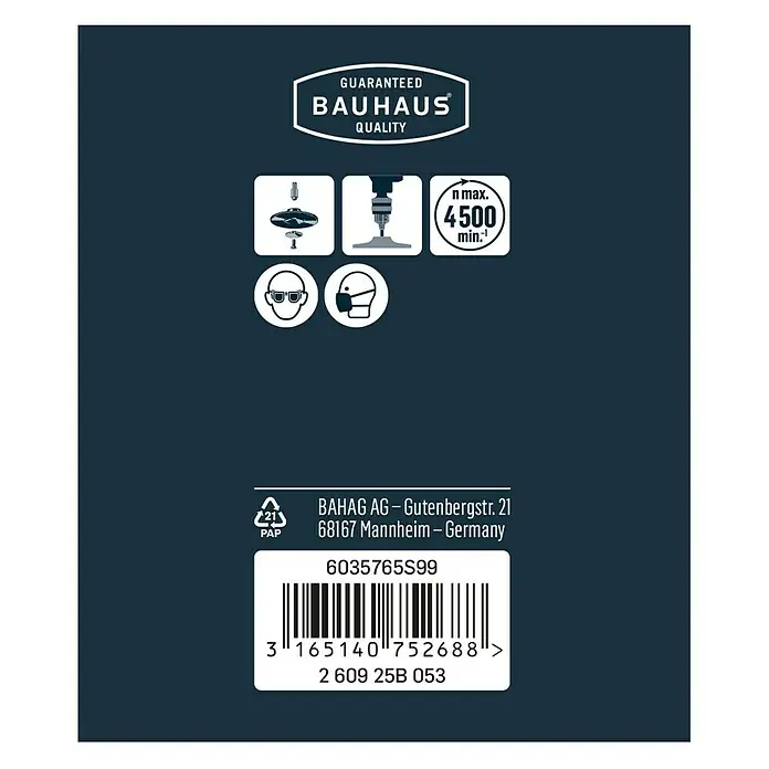 Craftomat Disco de apoyo - Diámetro: 125 mm - Información del producto: Instrucciones de seguridad y código de barras de un producto Bauhaus con límite de velocidad y equipo de protección.