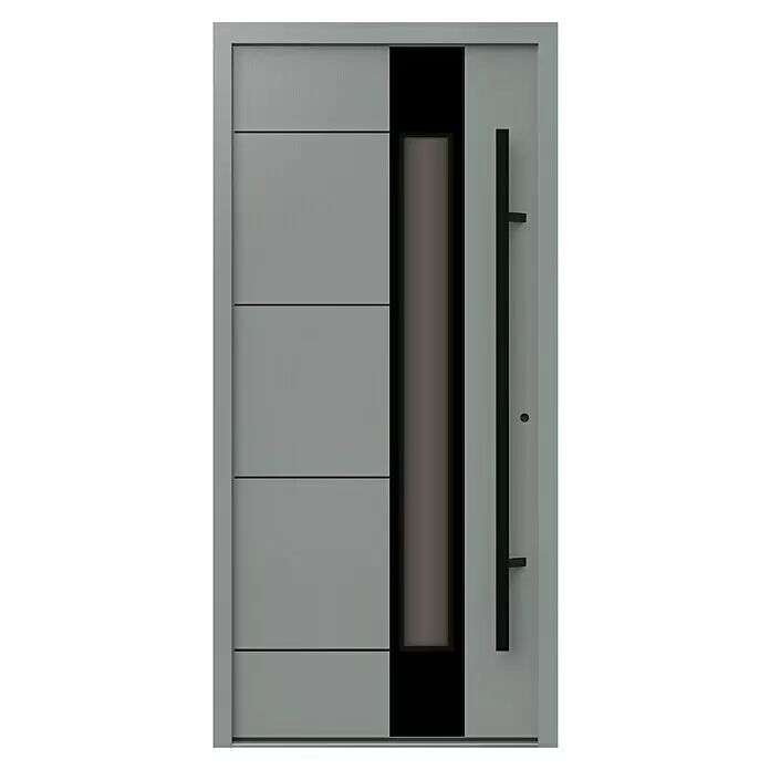 Gerda Haustür Thermo Prime 75 Linz - 100 x 210 cm, DIN Anschlag: Rechts, Grau, Schwarze Details - Moderne graue Eingangstür mit vertikalem schwarzem Glaseinsatz und langem schwarzem Stangengriff.
