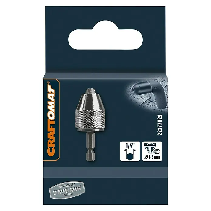Craftomat Schnell-Spannbohrfutter - Spannbereich: 1 mm - 6 mm, Durchmesser Schaft: ¼″ Hex, Stahl - Bild einer Craftomat Bohrfutterverlängerung mit 1/4"-Aufnahme und einem Spannbereich von 1-6mm, ideal für Bohrarbeiten mit Präzision.