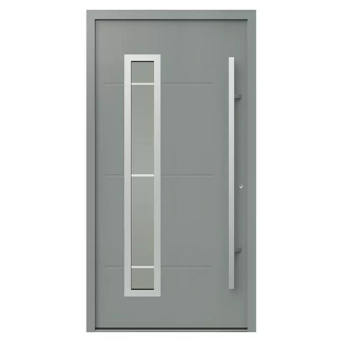 Gerda Haustür Thermo Prime 75 Garda - 110 x 210 cm, DIN Anschlag: Rechts, Grau, Details in Edelstahl - Moderne graue Haustür mit langem vertikalem Glaseinsatz, silbernem Rahmen und elegantem silbernem Stangengriff.