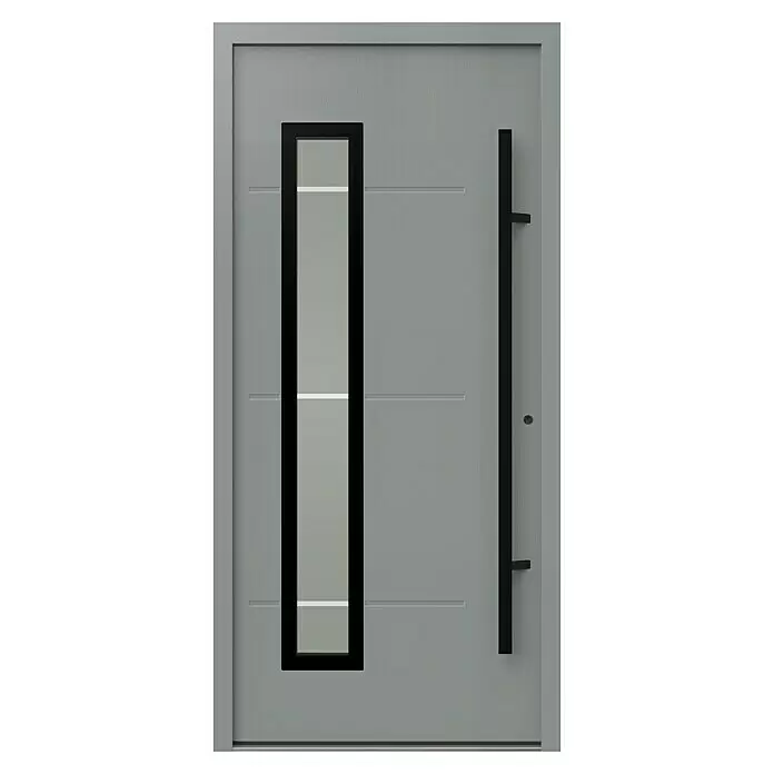 Gerda Haustür Thermo Prime 75 Garda - 100 x 210 cm, DIN Anschlag: Rechts, Grau, Schwarze Details - Moderne graue Tür mit vertikalem Glaseinsatz und schwarzem Stangengriff.