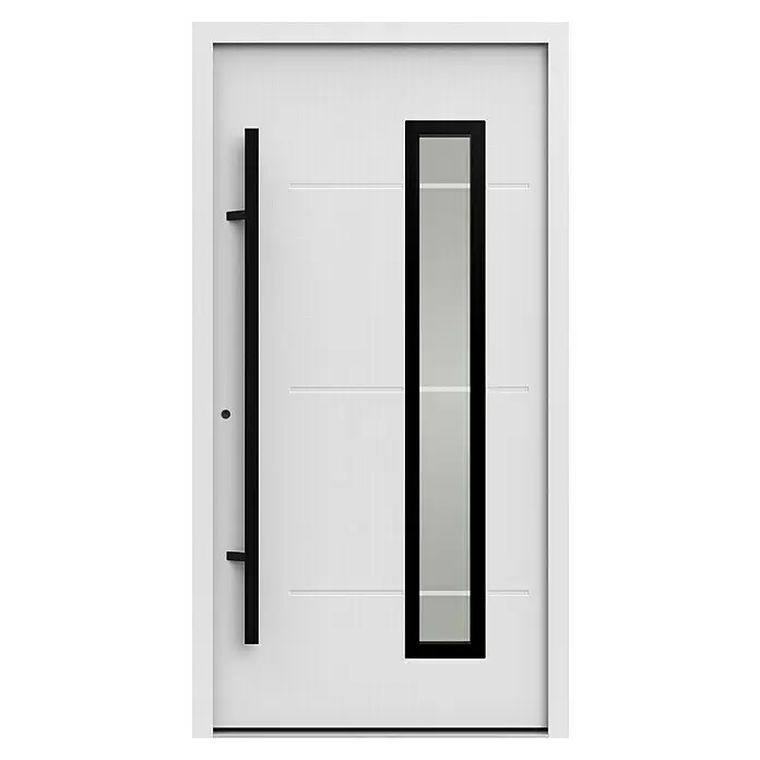 Gerda Haustür Thermo Prime 75 Garda - 110 x 210 cm, DIN Anschlag: Links, Weiß, Schwarze Details - Moderne weiße Tür mit langem schwarzem Griff und vertikalem, schwarz gerahmtem Milchglaspanel.