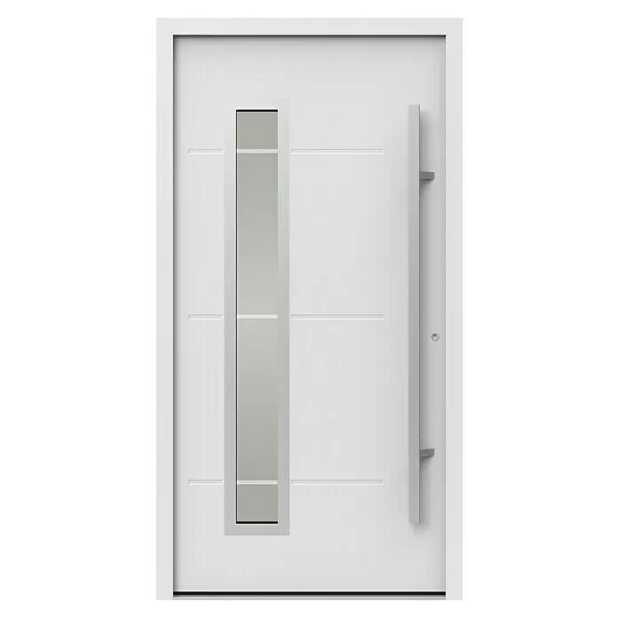 Gerda Haustür Thermo Prime 75 Garda - 110 x 210 cm, DIN Anschlag: Rechts, Weiß, Details in Edelstahl - Weiße moderne Haustür mit vertikalem Milchglaseinsatz und langem silbernem Stangengriff.
