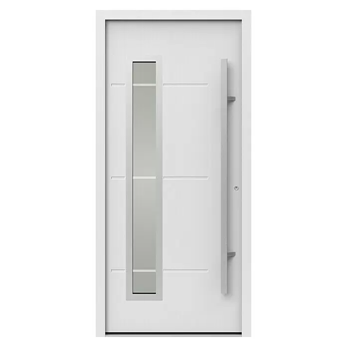 Gerda Haustür Thermo Prime 75 Garda - 100 x 210 cm, DIN Anschlag: Rechts, Weiß, Details in Edelstahl - Weiße moderne Haustür mit vertikalem Glaseinsatz, horizontalen Rillen und langem silbernem Griff.