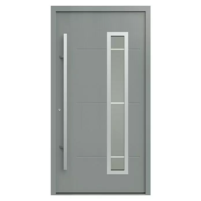 Gerda Haustür Thermo Prime 75 Garda - 110 x 210 cm, DIN Anschlag: Links, Grau, Details in Edelstahl - Moderne graue Eingangstür mit vertikalem Fenster, langem Stangengriff und horizontalen Zierrillen.