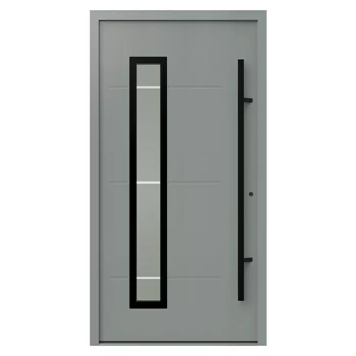 Gerda Haustür Thermo Prime 75 Garda - 110 x 210 cm, DIN Anschlag: Rechts, Grau, Schwarze Details - Moderne graue Haustür mit vertikalem, schwarz gerahmtem Glaseinsatz und langem schwarzem Stangengriff.