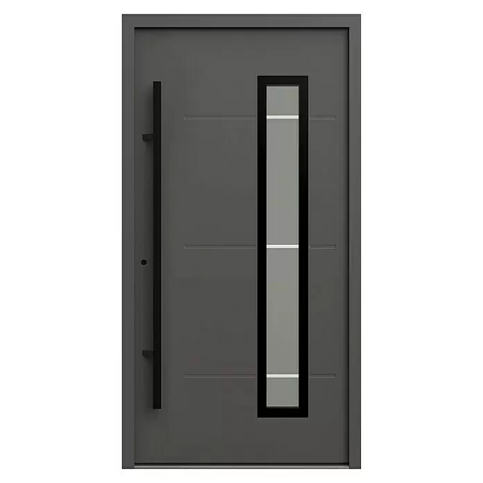 Gerda Haustür Thermo Prime 75 Garda - 110 x 210 cm, DIN Anschlag: Links, Anthrazitgrau, Schwarze Details - Dunkelgraue moderne Eingangstür mit langem schwarzem Griff, schmalem vertikalen Fenster und horizontalen Rillen.