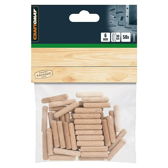 Craftomat Holzdübel - Ø x L: 6 x 30 mm, 50 Stk., Passend für: Bohrer 6 mm - Bild einer Packung Craftomat Holzdübel, 6 mm Durchmesser und 30 mm Länge, 50 Stück in einer Packung für Holzverbindungen.