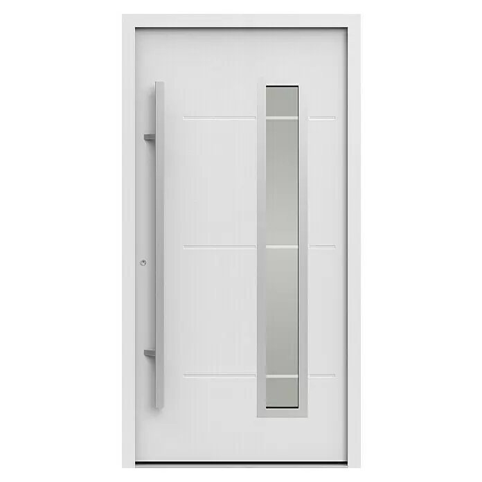 Gerda Haustür Thermo Prime 75 Garda - 110 x 210 cm, DIN Anschlag: Links, Weiß, Details in Edelstahl - Moderne weiße Außentür mit langem vertikalem Griff, hohem rechteckigem Fenster und horizontalen Zierrillen.