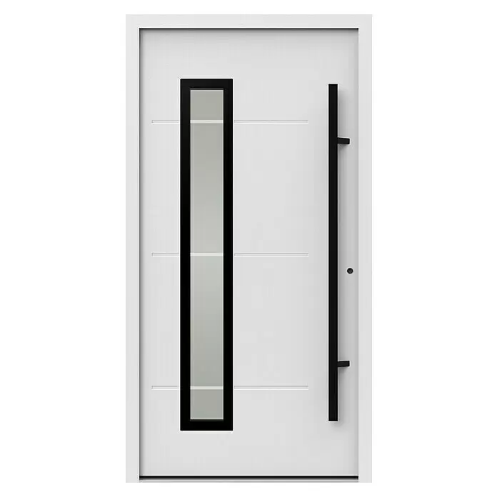 Gerda Haustür Thermo Prime 75 Garda - 110 x 210 cm, DIN Anschlag: Rechts, Weiß, Schwarze Details - Moderne weiße Eingangstür mit vertikaler schwarzgerahmter Glasscheibe und langem schwarzem Griff.