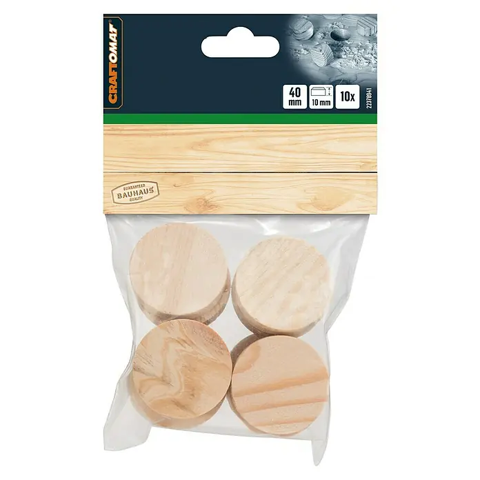 Craftomat Holzzapfen - Durchmesser: 40 mm, 10 Stk. - Craftomat Holzdübel, 40 mm Durchmesser, 10 mm dick, 10 Stück Packung, zur Holzbearbeitung und Möbelreparatur.