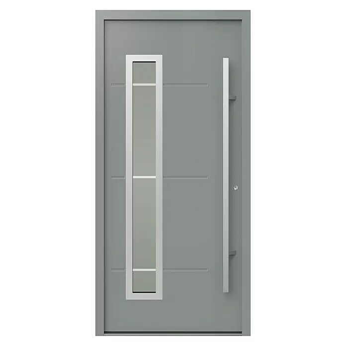 Gerda Haustür Thermo Prime 75 Garda - 100 x 210 cm, DIN Anschlag: Rechts, Grau, Details in Edelstahl - Moderne graue Tür mit hohem vertikalem Fenster und langem Stangengriff, akzentuiert durch horizontale Rillen.