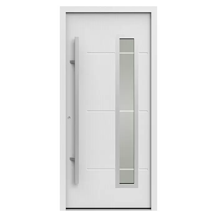 Gerda Haustür Thermo Prime 75 Garda - 100 x 210 cm, DIN Anschlag: Links, Weiß, Details in Edelstahl - Weiße, moderne Haustür mit vertikalem Glasausschnitt und langem silberfarbenen Stangengriff.