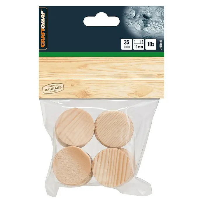 Craftomat Holzzapfen - Durchmesser: 35 mm, 10 Stk. - Verpackung mit 10 Holzdübeln, 35 mm Durchmesser und 10 mm Dicke, ideal für DIY-Projekte und Möbelreparaturen.