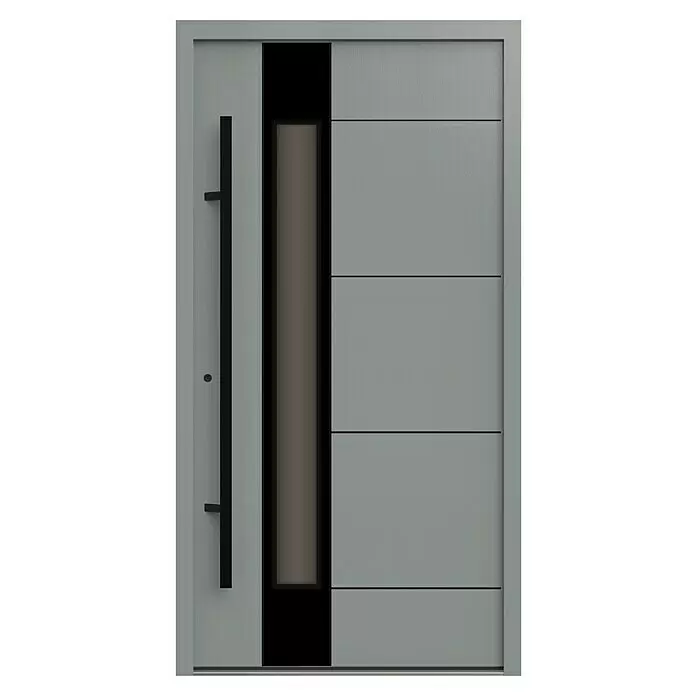 Gerda Haustür Thermo Prime 75 Linz - 110 x 210 cm, DIN Anschlag: Links, Grau, Schwarze Details - Moderne graue Haustür mit schwarzem Stangengriff, vertikaler getönter Glasfüllung und horizontalen Zierlinien.