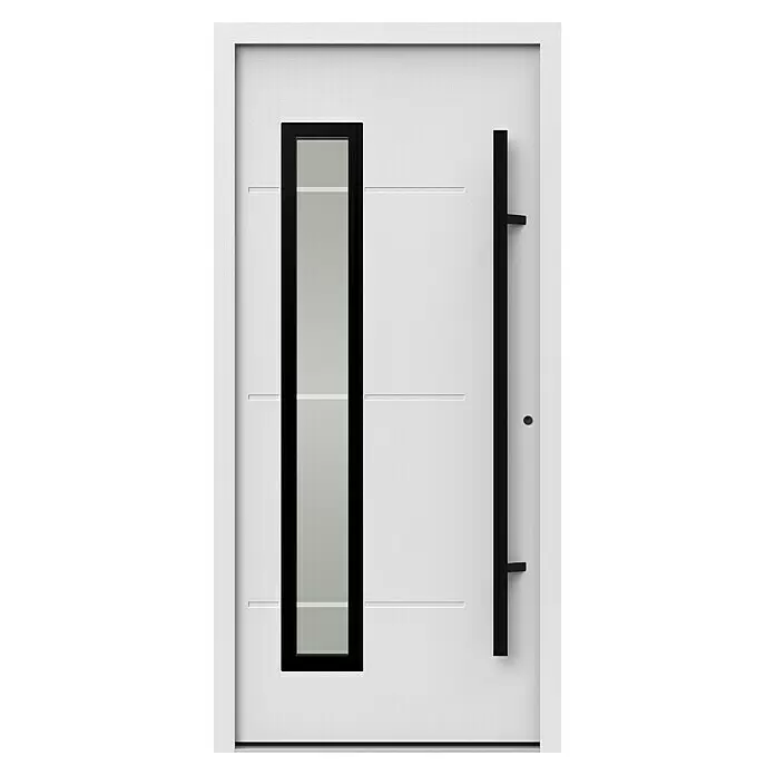 Gerda Haustür Thermo Prime 75 Garda - 100 x 210 cm, DIN Anschlag: Rechts, Weiß, Schwarze Details - Moderne weiße Eingangstür mit schwarzem vertikalem Griff, schmalem, schwarz gerahmtem Glaseinsatz und zwei horizontalen Rillen.