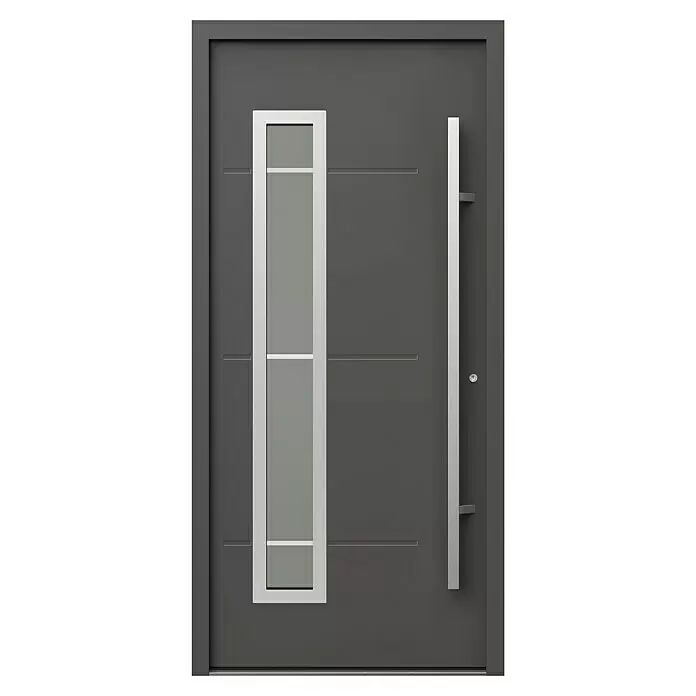 Gerda Haustür Thermo Prime 75 Garda - 100 x 210 cm, DIN Anschlag: Rechts, Anthrazitgrau, Details in Edelstahl - Dunkelgraue moderne Tür mit vertikaler Milchglasscheibe und langem silbernem Stangengriff.