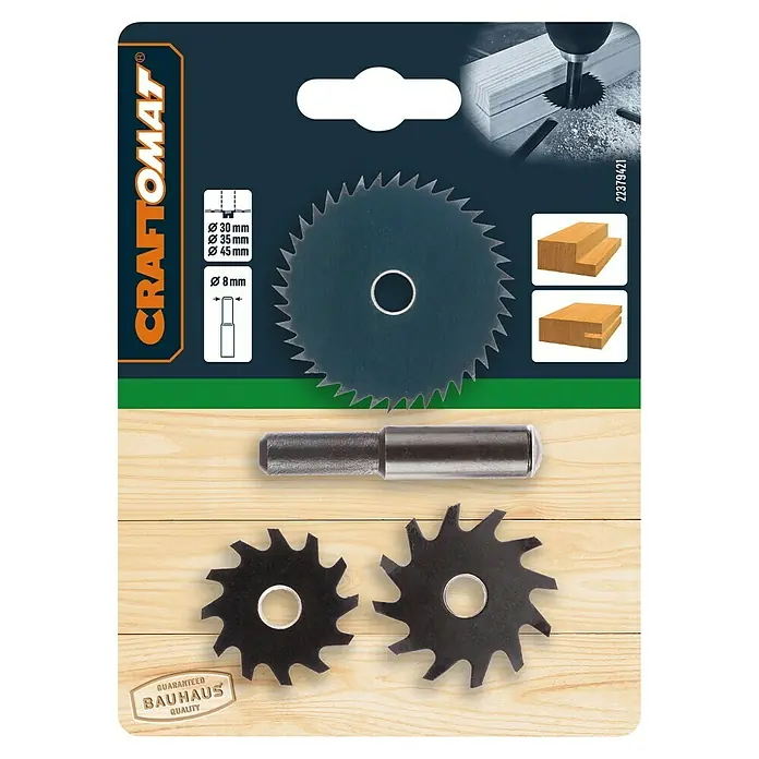 Craftomat Fräser-Set - 4 -tlg. - Bild einer Craftomat Mini-Kreissägeblattgarnitur, ideal für präzise Holzarbeiten und Modellbauprojekte.