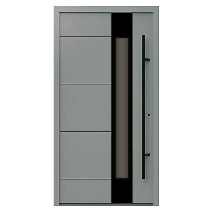 Gerda Haustür Thermo Prime 75 Linz - 110 x 210 cm, DIN Anschlag: Rechts, Grau, Schwarze Details - Moderne graue Tür mit horizontalen Paneelen, vertikalem dunklem Glaseinsatz und langem schwarzem Stangengriff.