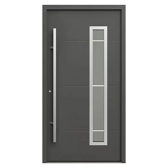 Gerda Haustür Thermo Prime 75 Garda - 110 x 210 cm, DIN Anschlag: Links, Anthrazitgrau, Details in Edelstahl - Dunkelgraue moderne Haustür mit langem silbernem Vertikalgriff, vertikaler Glasscheibe und dezenten Horizontalrillen.