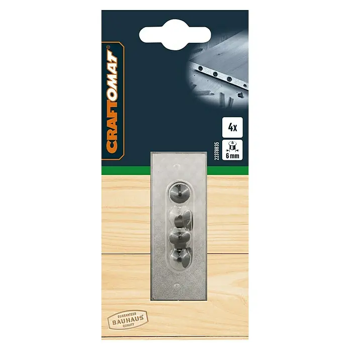 Craftomat Dübelsetzer - Durchmesser: 6 mm, 4 -tlg. - Produktverpackung mit vier Exzenter-Schrauben für Holzverbindungen, ideal für Möbelbau und Reparaturen, 6mm Durchmesser.