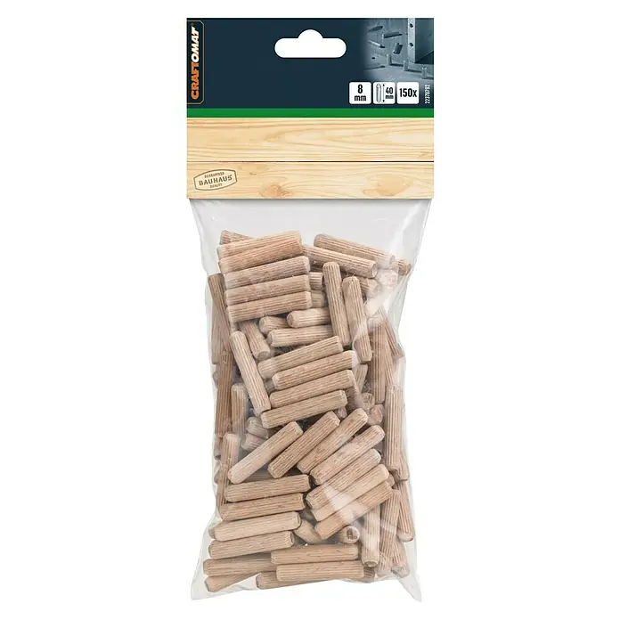 Craftomat Holzdübel - Ø x L: 8 x 40 mm, 150 Stk., Passend für: Bohrer 8 mm - Eine Packung Craftomat Holzdübel, 8 mm Durchmesser und 40 mm Länge, insgesamt 150 Stück, in einer transparenten Plastikverpackung.
