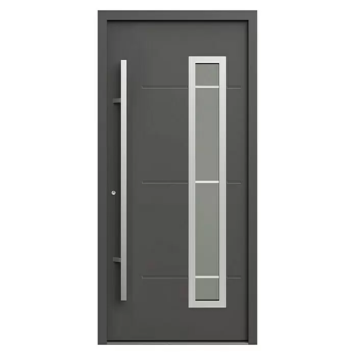 Gerda Haustür Thermo Prime 75 Garda - 100 x 210 cm, DIN Anschlag: Links, Anthrazitgrau, Details in Edelstahl - Moderne anthrazitfarbene Eingangstür mit langem silbernem Griff und vertikalem Sichtschutzglas.