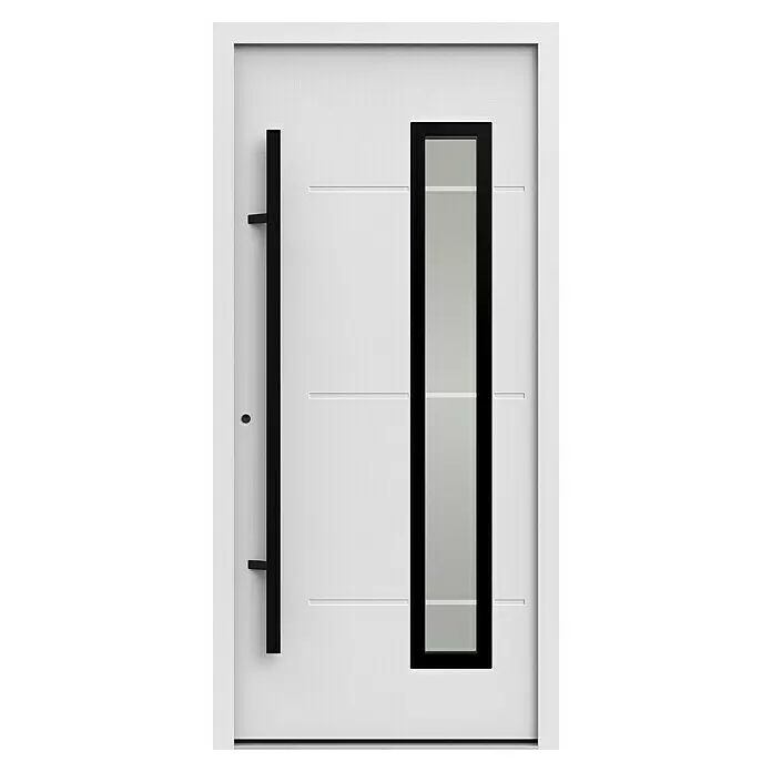 Gerda Haustür Thermo Prime 75 Garda - 100 x 210 cm, DIN Anschlag: Links, Weiß, Schwarze Details - Weiße moderne Haustür mit schwarzem Stangengriff und schmalem vertikalem Glasausschnitt mit schwarzem Rahmen.