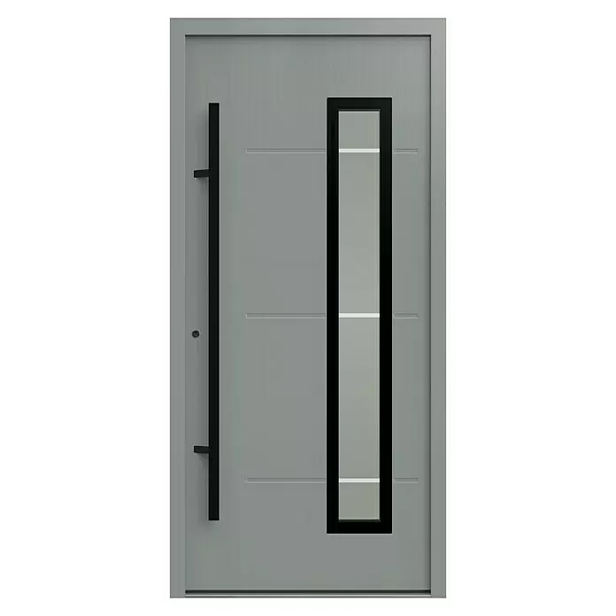 Gerda Haustür Thermo Prime 75 Garda - 100 x 210 cm, DIN Anschlag: Links, Grau, Schwarze Details - Moderne graue Eingangstür mit vertikalem schwarzem Griff, schmalem, schwarz gerahmtem Glaseinsatz und horizontalen Zierrillen.