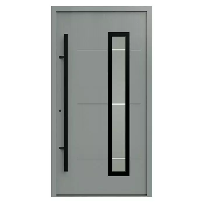Gerda Haustür Thermo Prime 75 Garda - 110 x 210 cm, DIN Anschlag: Links, Grau, Schwarze Details - Moderne graue Haustür mit langem schwarzem Griff, vertikalem Glaseinsatz und dezenten horizontalen Rillen.